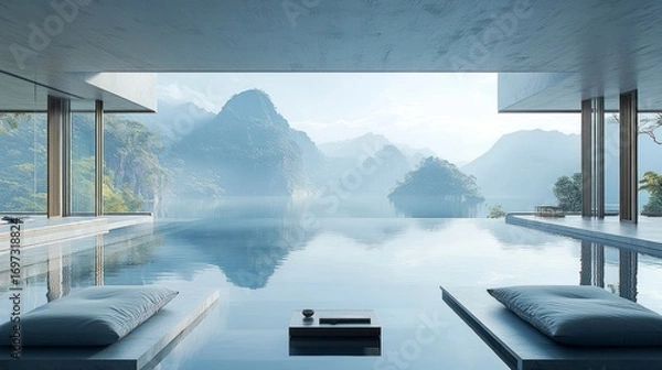 Fototapeta Minimalist house with infinity pool overlooking misty mountains and lake