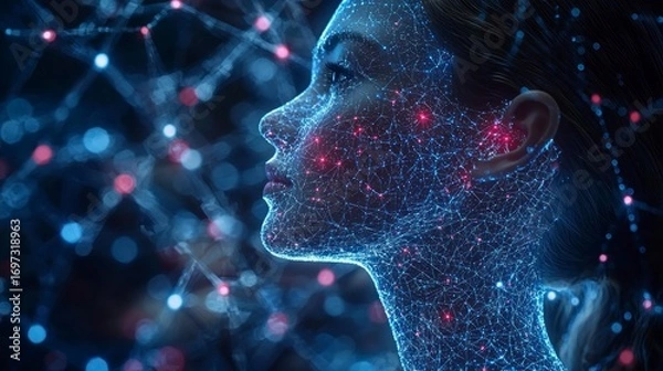 Fototapeta Woman's face digitally mapped with glowing nodes and lines, futuristic aesthetic