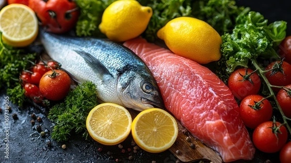Fototapeta Fresh fish fillets, tomatoes, lemons & herbs