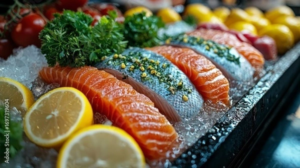 Fototapeta Fresh salmon fillets on ice with lemon & herbs