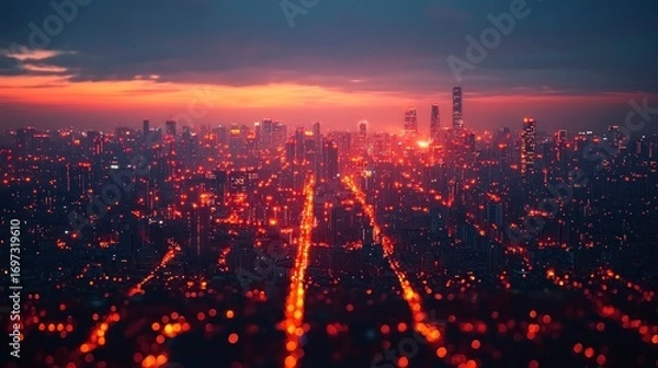 Fototapeta Sunset cityscape with vibrant red and orange hues, blurred bokeh effect