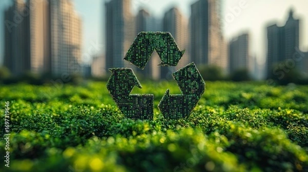 Fototapeta Green recycle symbol in urban park setting