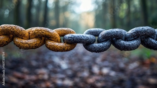 Fototapeta Rusty chain links joined, blurred forest background