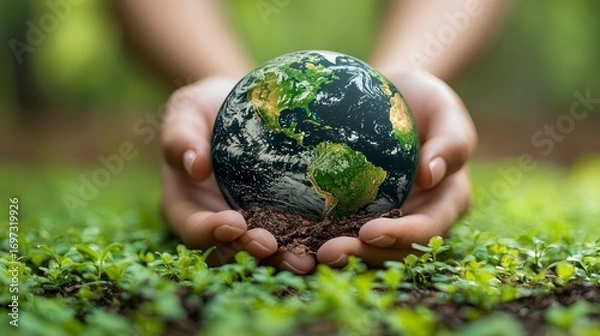 Fototapeta Hands gently cradling a miniature Earth, nestled in soil amidst lush greenery