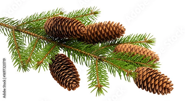 Fototapeta A sprig of fir with needles and several cones lying on a light surface in a close up studio shot