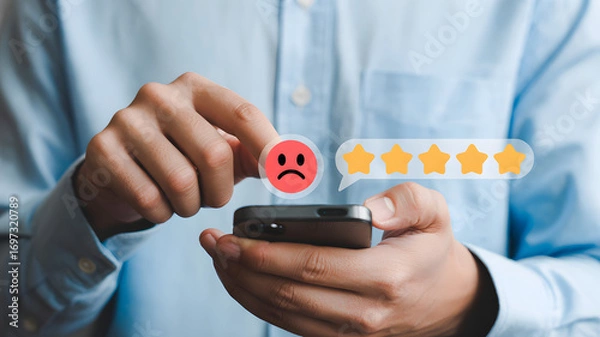 Fototapeta Customer unhappy with service, leaves negative star rating on phone
