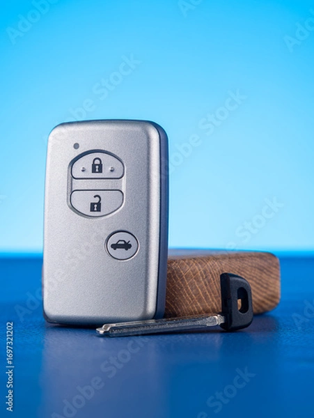 Fototapeta Close up of silver car key with open and close buttons on blue background