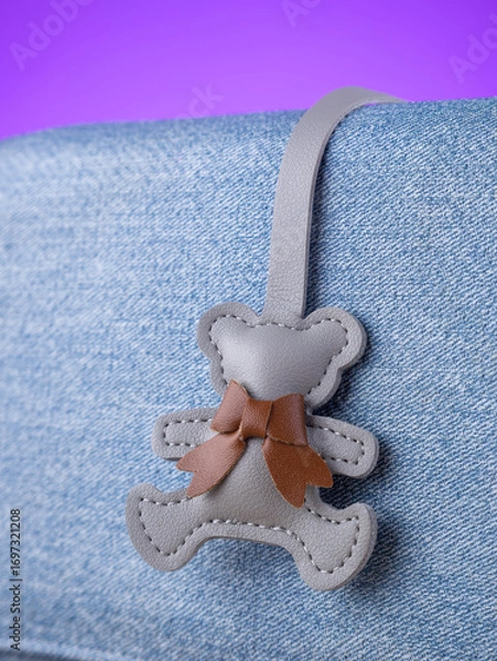 Fototapeta Close-up of a gray leather bag charm in the shape of a cute bear on a  blue bag