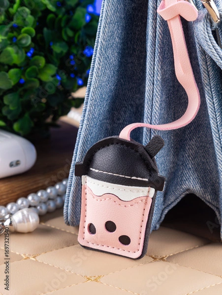 Fototapeta Close up of leather bag keychain in the shape of a glass of bubble tea on blue bag