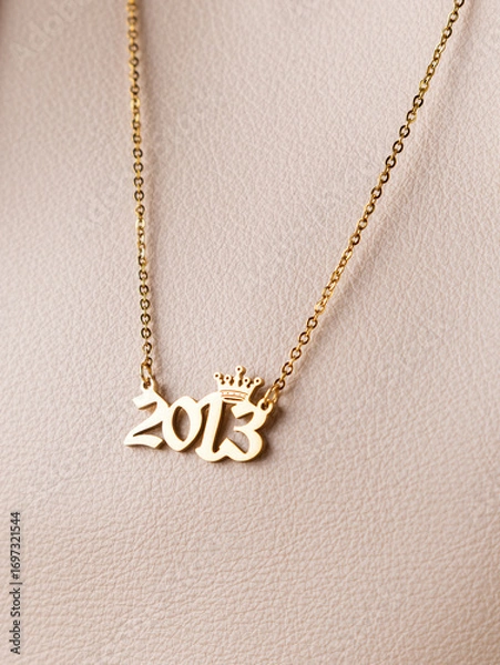 Fototapeta Close-up of a metallic gold pendant in the shape of "2013" on a chain, on a beige leather background