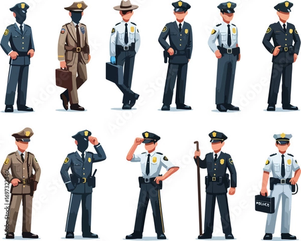 Obraz Cartoon police officers vector illustration set in tactical and patrol uniforms holding different firearms, pistols, rifles, and security shields with badges and hats for law and order enforcement des
