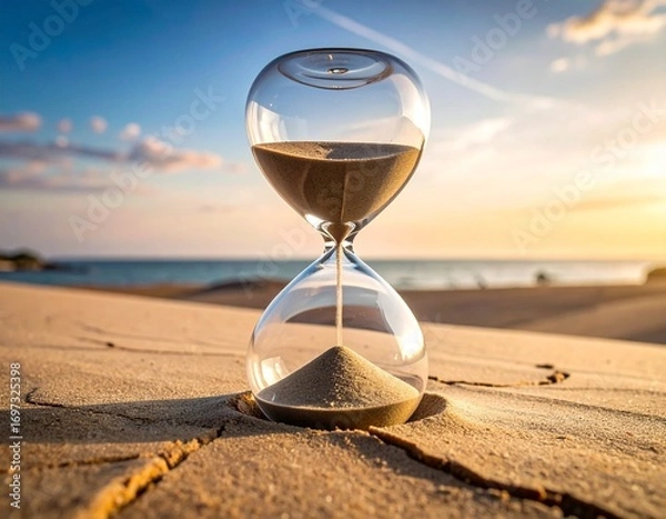Fototapeta A classic hourglass measuring the passing moments on a tranquil sandy shore as the sun sets over the ocean