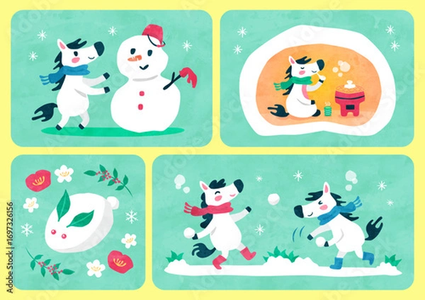 Obraz 馬（午）のカードイラスト 雪遊び（雪だるま・かまくら・雪合戦・雪うさぎ） 水彩風