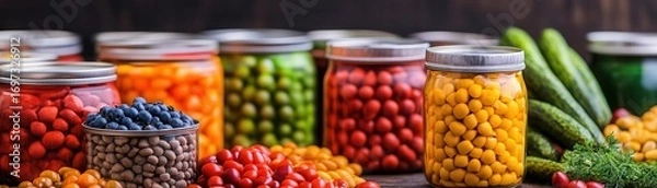 Fototapeta Colorful assortment of glass jars filled with fresh vibrant berries and vegetables in a rustic kitchen display for healthy food, organic produce, and farm-to-table lifestyle