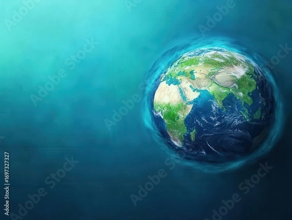 Fototapeta Artistic depiction of planet Earth surrounded by a glowing blue atmosphere with detailed land and ocean features, symbolizing environmental awareness and global connection