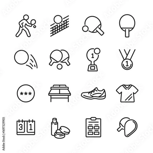 Fototapeta 線で構成されたシンプルな卓球、ピンポンのアイコンセット　ベクター素材