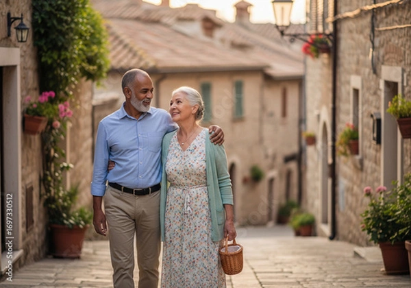 Fototapeta An affectionate multiethnic senior couple enjoying their retirement with a romantic walk in a quaint European village