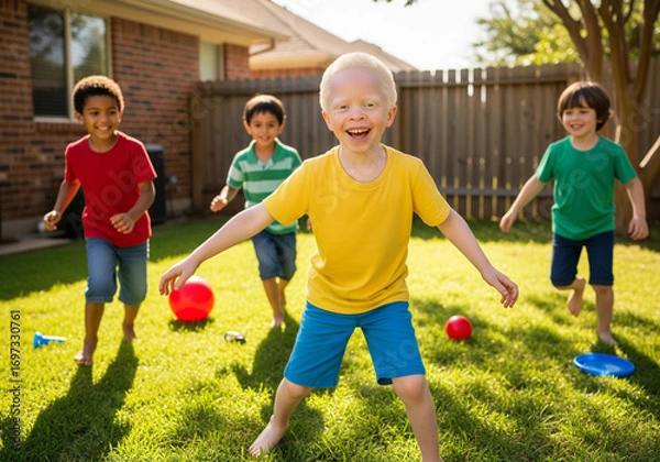 Fototapeta Joyful moment of diverse children playing together, showcasing friendship and inclusion in a sunny backyard setting