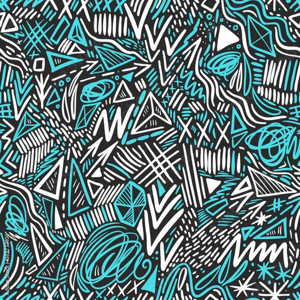 Fototapeta Geometric doodle hand drawn seamless pattern. Random decorative elements. Vector illustration