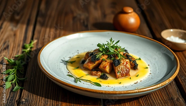 Obraz Deliciously Plated Gourmet Dish of Roasted Cutlets with Creamy Sauce and Black Truffle