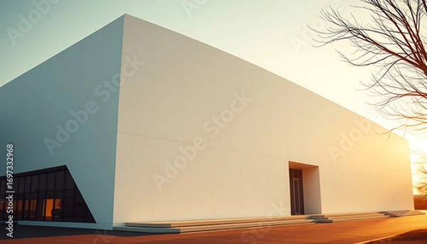 Obraz Modern White Building at Sunset, Minimalist Architecture