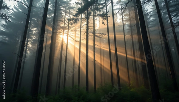 Obraz Sunbeams Piercing a Misty Forest