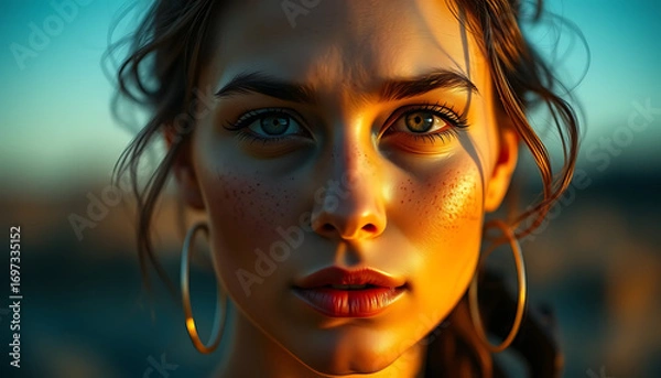 Obraz Close-up portrait of a young woman with freckles, golden light, and large hoop earrings.