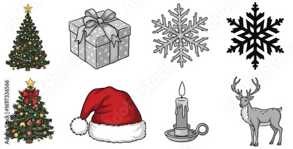 Fototapeta A christmas themed image with christmas trees gift snowflakes santa hat candle and a reindeer drawing