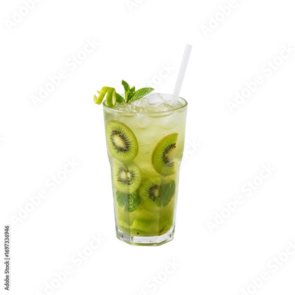 Obraz Kiwi iced cooler in tall glass, and kiwi  pieces 