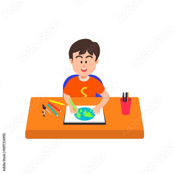 Fototapeta Happy boy colors a drawing of the earth in his sketchbook using colored pencils