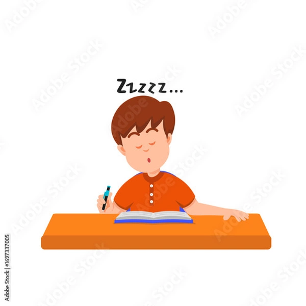 Fototapeta A boy falls a sleep while writing in his notebook