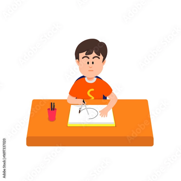 Fototapeta Cute boy draws a perfect circle with a compass in his sketchbook