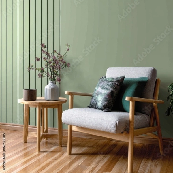 Fototapeta An empty green wall with vertical stripes, and a wooden armchair.
