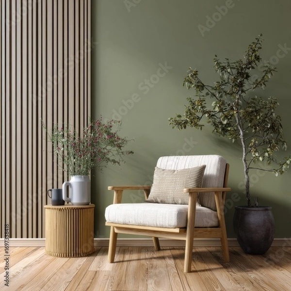 Fototapeta An empty green wall with vertical stripes, and a wooden armchair.