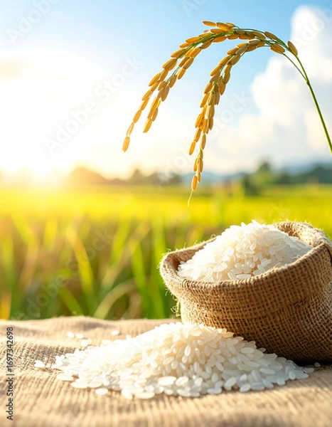 Fototapeta Ripe rice ear arches over burlap sack filled with white rice grains on rustic surface in bright sunlight