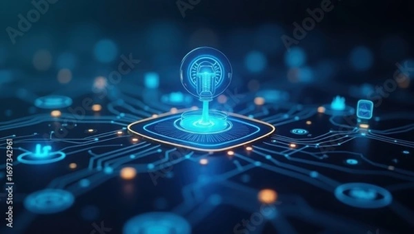 Fototapeta A digital illustration of a technology-based, glowing, 3D icon, highlighting complex circuit board patterns.