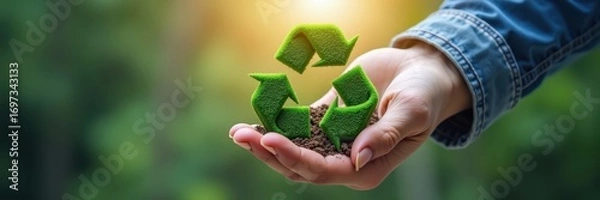 Fototapeta A hand holds a miniature recycling symbol crafted from grass atop a small patch of dirt, evoking a sense of environmental care and sustainability.