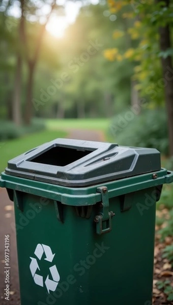 Fototapeta Empty green recycling bin sits in a park setting, showcasing a clear path and dappled sunlight.