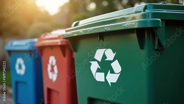 Fototapeta Close-up of three brightly colored recycling bins, showcasing the distinct colors for different waste types, with a recycling symbol prominent on each.