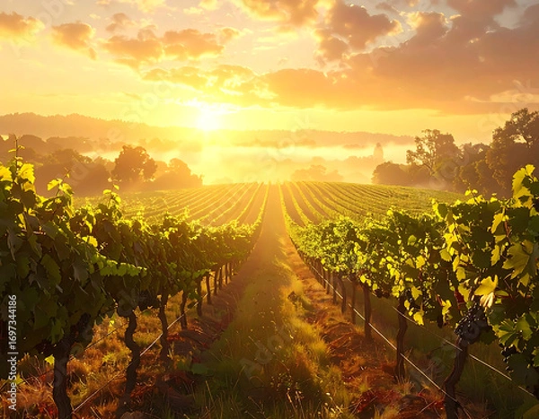 Fototapeta Firefly sunrise over lush vineyard landscape with rows of grapevines glowing warmly under partly cloudy sky