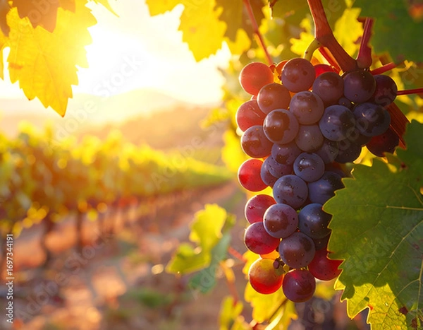Fototapeta Ripe grape cluster hanging on vine with sunlit vineyard background creating warm golden atmosphere