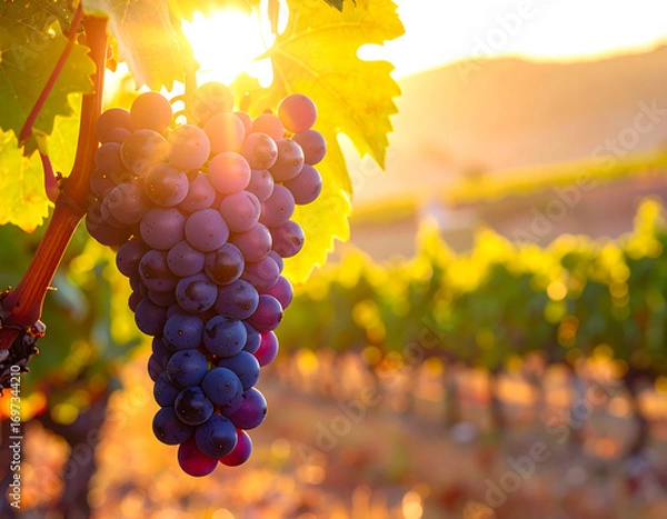 Fototapeta Grape cluster hanging on vine with sunlight shining through green leaves in vineyard during golden hour