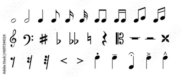 Fototapeta Music notes icon set. Musical key symbol. Treble clef on sheet music. Vector illustration.