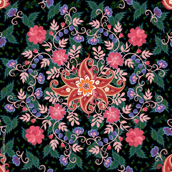 Fototapeta Square seamless pattern with flowers, leaves, berries and paisley on a dark plant background. Ethnic motifs. Vector illustration.