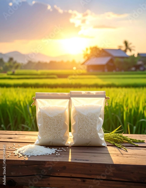 Fototapeta Two packages of white rice on wooden table with rice field and sunset background creating warm and peaceful atmosphere
