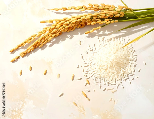 Fototapeta Golden rice stalks with white rice grains scattered on light surface, creating natural and fresh agricultural scene