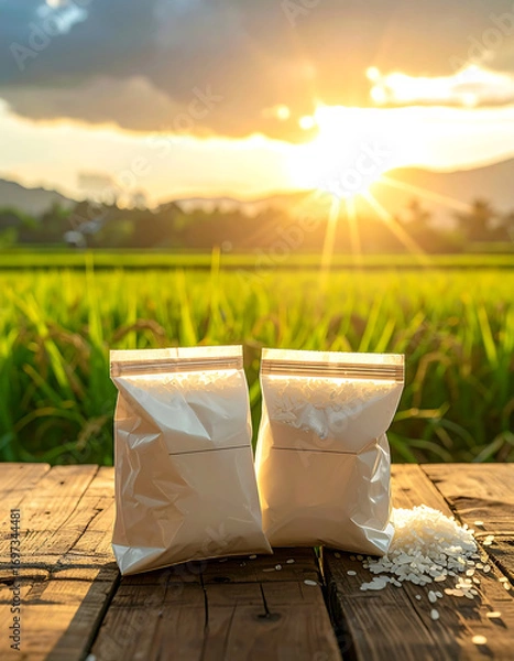 Fototapeta Two packages of white rice on wooden table with green field and bright sunset in background creating warm atmosphere