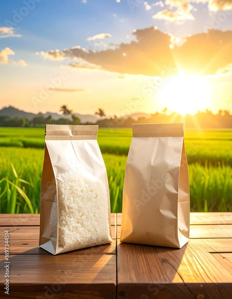 Fototapeta Two packages of white rice on wooden table with green field and bright sunset in background creating warm atmosphere