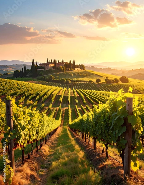Fototapeta Vineyard landscape with rows of grapevines under golden sunset light in countryside hills