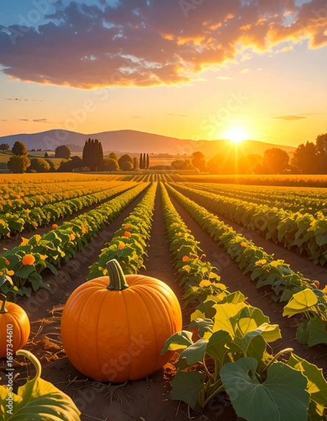 Fototapeta Pumpkin field sunset with rows of green plants and bright orange pumpkins colorful sky creating warm, peaceful atmosphere